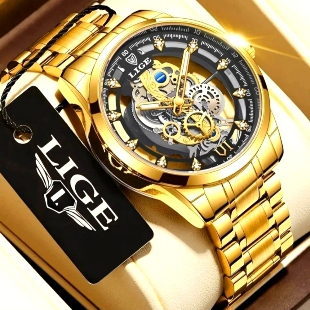 LIGE Men's Skeleton Watch - Gold on Top of Stainless- Clasp Band Great Quality